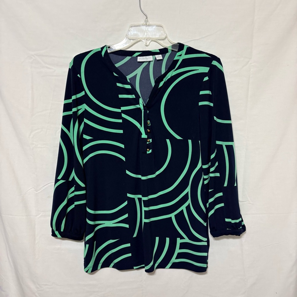 New York & Company Black and Green Geometric Blouse